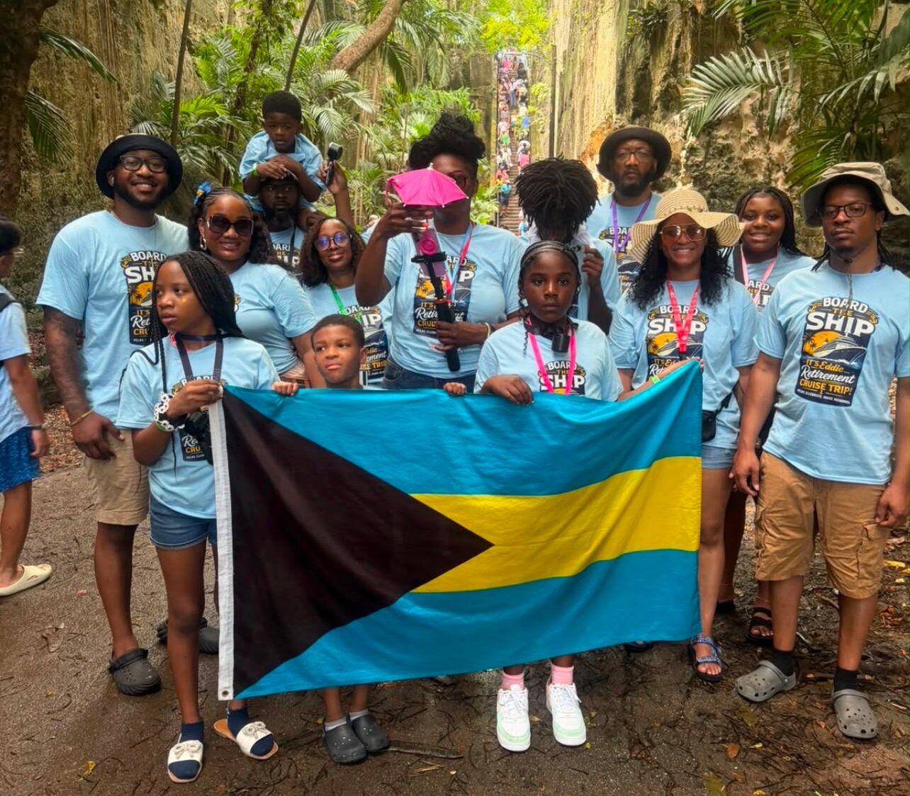 Nassau sightseeing group with the Bahamian flag