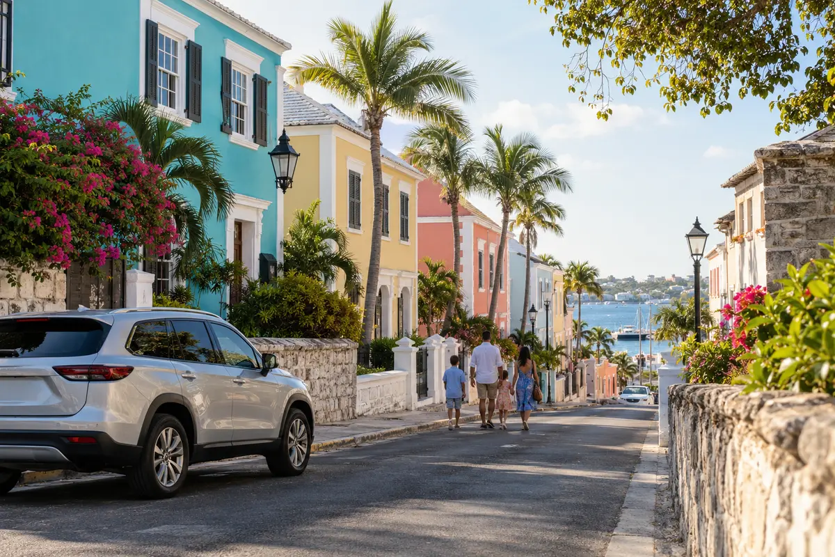 Illustrative Nassau streetscape with a passenger vehicle and a family group